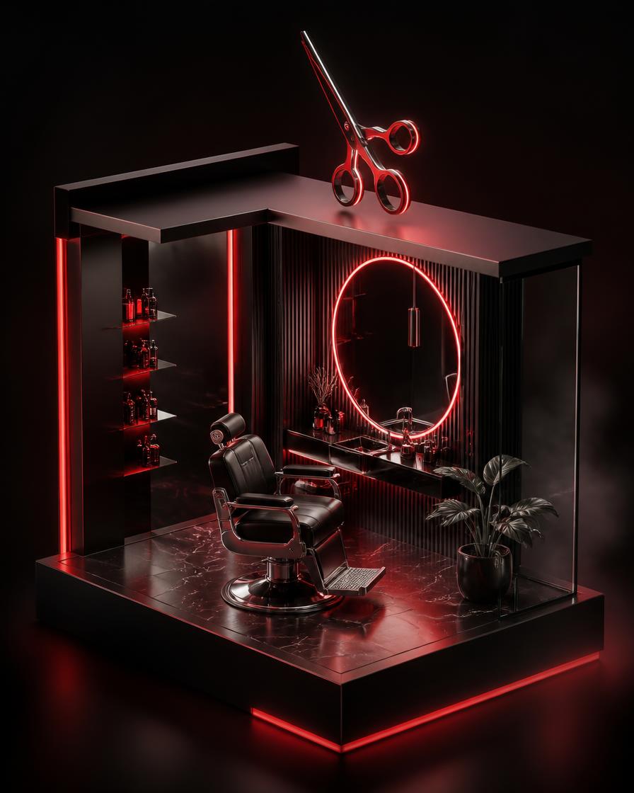 Salon de coiffure en 3D, éclairage rouge