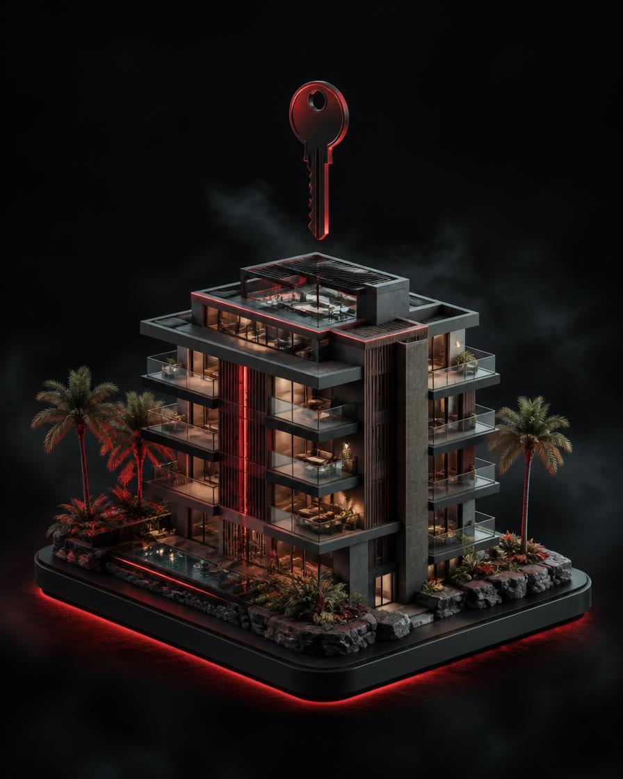 Immeuble résidentiel en 3D, éclairage rouge