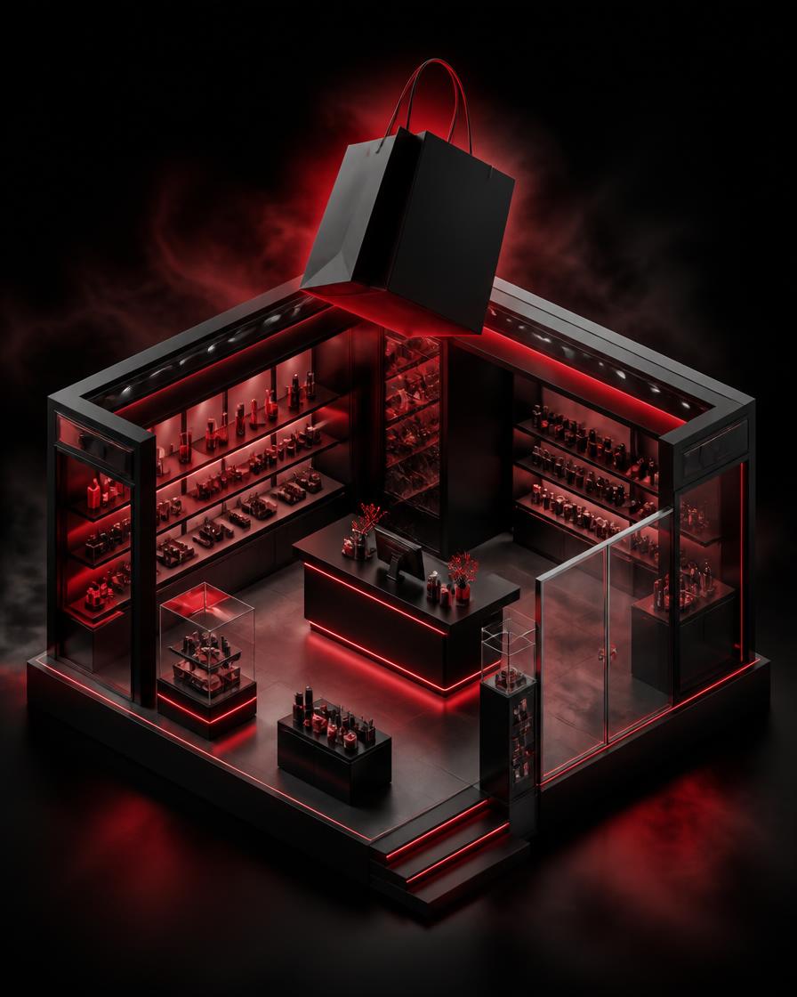 Magasin beauté en 3D, éclairage rouge